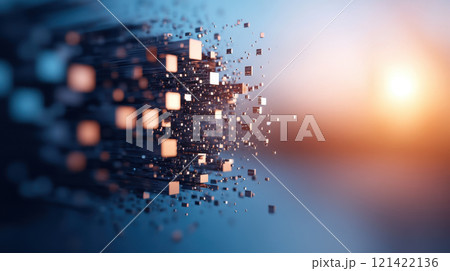 Digital particles dispersing in futuristic environment, creating sense of motion and depth. warm glow of sunset enhances visual appeal 121422136