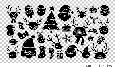 Set of isolated Santa Claus and Reindeers in cute doodle hand-drawn minimal style on a transparent background. Volume 1: Black silhouette style. Set of isolated Santa Claus and Reindeers in cute doodle hand-drawn minimal style on a transparent background. Volume 1: Black silhouette style. 121422169