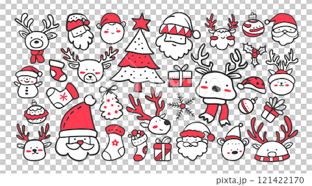 Set of isolated Santa Claus and Reindeers in cute doodle hand-drawn minimal style on a transparent background. Volume 1: Vivid red, white and black color tones. 121422170