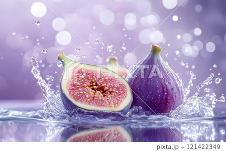Fresh figs cut in half with water splashes, showcasing their rich purple color and juicy interior, create vibrant and refreshing scene Fresh figs cut in half with water splashes, showcasing their rich purple color and juicy interior, create vibrant and refreshing scene 121422349