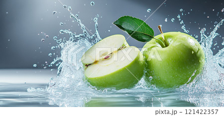 Fresh green apple halves splashing into clear water, creating dynamic droplets and refreshing scene. vibrant color and motion evoke sense of vitality and freshness 121422357