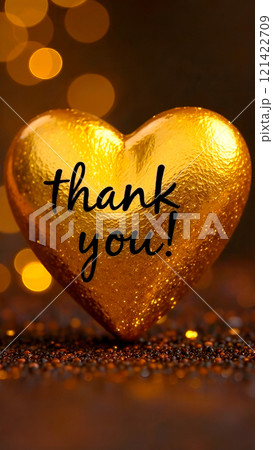 Golden heart with thankful inscription in honor of international day of gratitude on background of bokeh. Close-up 121422709