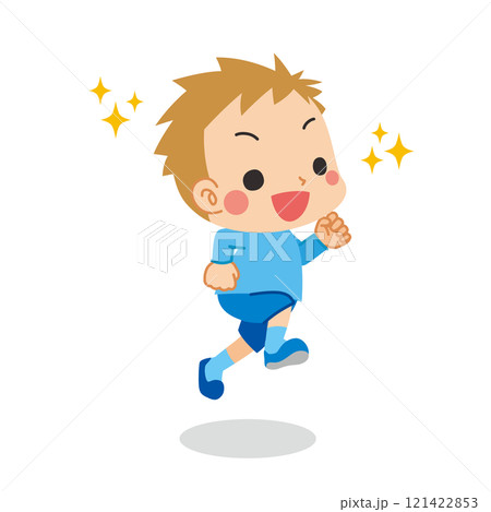 ウキウキでジャンプする可愛い小さな男の子のイラスト　全身　ベクター　白背景　クリップアート 121422853