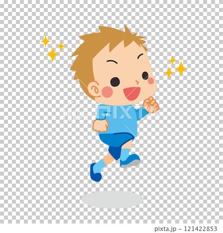 ウキウキでジャンプする可愛い小さな男の子のイラスト　全身　ベクター　白背景　クリップアート 121422853