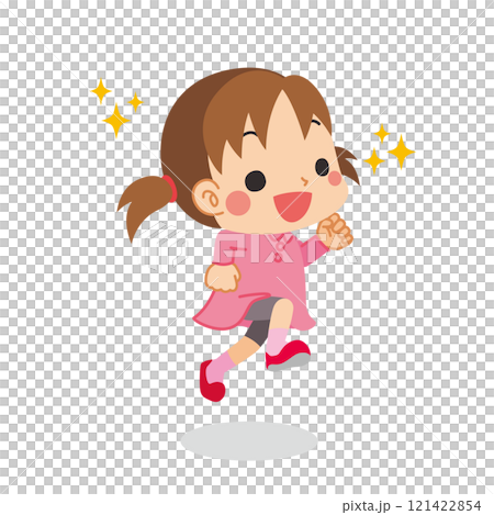 一個可愛的小女孩興奮地跳躍的插圖，全身，向量，白色背景，剪貼畫 121422854