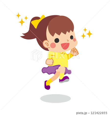 ウキウキでジャンプする可愛い小さな女の子のイラスト　全身　ベクター　白背景　クリップアート 121422855