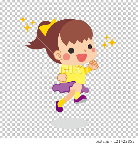 ウキウキでジャンプする可愛い小さな女の子のイラスト　全身　ベクター　白背景　クリップアート 121422855