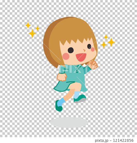 一個可愛的小女孩興奮地跳躍的插圖，全身，向量，白色背景，剪貼畫 121422856