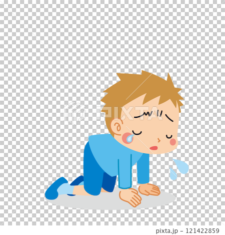Illustration of a cute little boy kneeling and crying. Full body. Vector. White background. Clip art 121422859