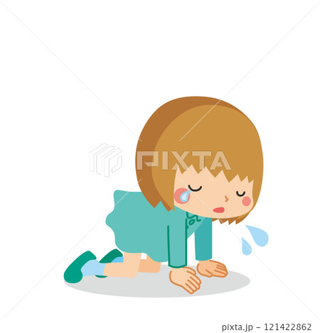 膝をついて嘆き悲しんでいる可愛い小さな女の子のイラスト　全身　ベクター　白背景　クリップアート 121422862