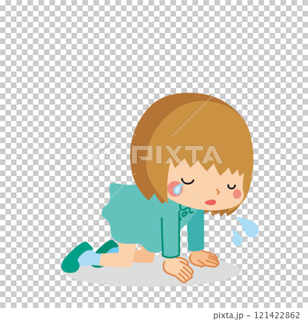 膝をついて嘆き悲しんでいる可愛い小さな女の子のイラスト　全身　ベクター　白背景　クリップアート 121422862