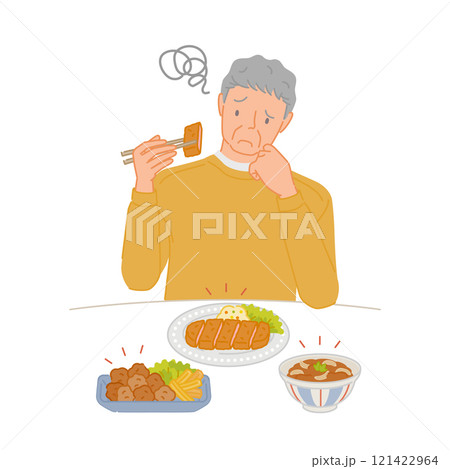 脂っこい揚げ物の食事が胃もたれして困るシニア男性 121422964