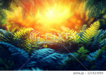 Lush Ferns Growing in Sunlight Filtering Through the Forest Canopy at Dawn Lush Ferns Growing in Sunlight Filtering Through the Forest Canopy at Dawn 121423093
