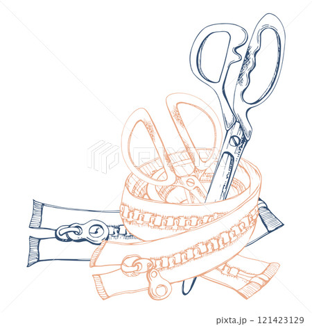 Clothes zippers, fabric scissors snaps, indigo beige. Sewing seamstress craft supplies, hand drawn ink vector illustration. Composition isolated on white background. Design atelier, tailor, hobby shop Clothes zippers, fabric scissors snaps, indigo beige. Sewing seamstress craft supplies, hand drawn ink vector illustration. Composition isolated on white background. Design atelier, tailor, hobby shop 121423129