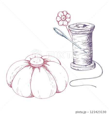 Wooden thread spool skein bobbin, pin cushion needles. Sewing craft embroidery supplies, hand drawn ink vector illustration. Composition isolated on white background. Design atelier, tailor hobby shop 121423130