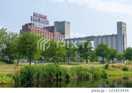 Montreal, Quebec, Canada - August 5 2021 : Five Roses Flour factory building in Montreal. 121423434