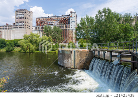Montreal, Quebec, Canada - August 5 2021 : Lock No. 1 of Lachine Canal. Lachine Canal National Historic Site in Old Port of Montreal. Silo No.5 in the background. 121423439