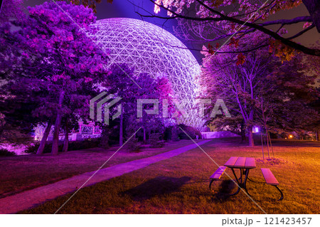 Montreal Biosphere illuminated at night. Jean-Drapeau park, Saint Helens Island. Montreal, Quebec, Canada. Montreal Biosphere illuminated at night. Jean-Drapeau park, Saint Helens Island. Montreal, Quebec, Canada. 121423457