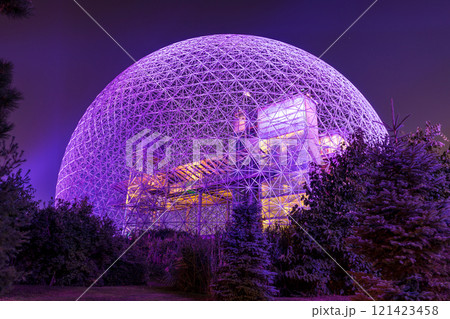 Montreal Biosphere illuminated at night. Jean-Drapeau park, Saint Helens Island. Montreal, Quebec, Canada. Montreal Biosphere illuminated at night. Jean-Drapeau park, Saint Helens Island. Montreal, Quebec, Canada. 121423458