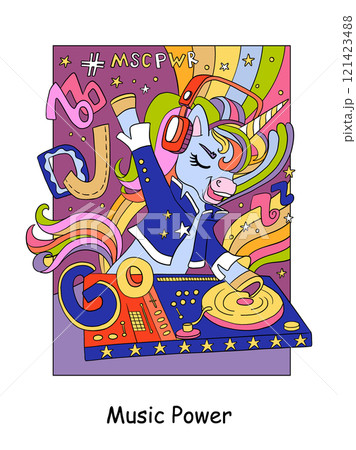 Cute rock music DJ unicorn vector illustration 121423488