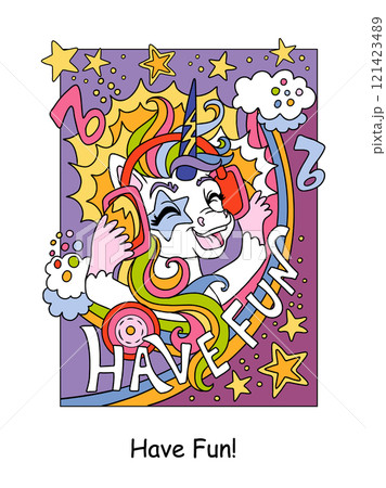Cute musical unicorn wearing headphones kids color vector illustration 121423489