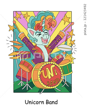 Cool rock music unicorn playing the drums kids illustration vector Cool rock music unicorn playing the drums kids illustration vector 121423492