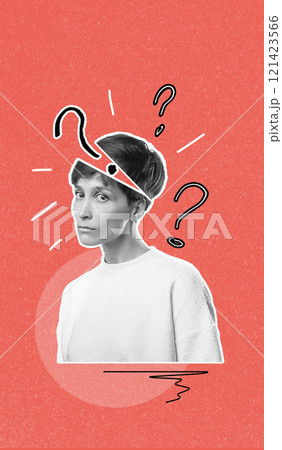 Vertical photo collage of woman and exclamation question mark isolated on painted red background 121423566