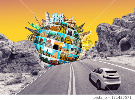 Art collage about car and road - travel concept. World religious and architecture monuments . 121423571