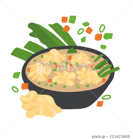 A Vector Illustration of Wonton Soup in a Black Bowl with Wonton Dumplings, Bok Choy, Spring Onions, and Carrots A Vector Illustration of Wonton Soup in a Black Bowl with Wonton Dumplings, Bok Choy, Spring Onions, and Carrots 121423608