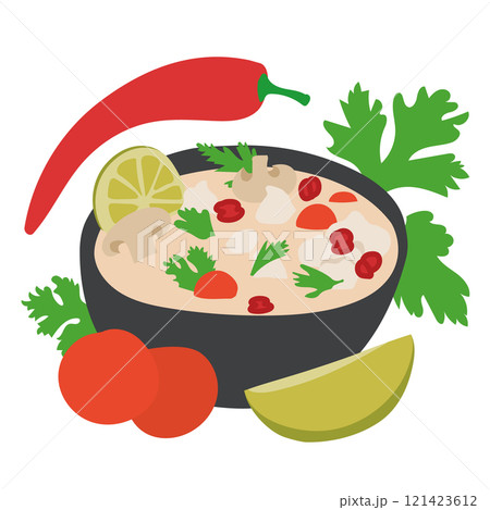 A Vector Illustration of Tom Kha Gai Soup in a Black Bowl with Chicken, Chili, Mushrooms, Tomatoes, Coriander, and Lime 121423612