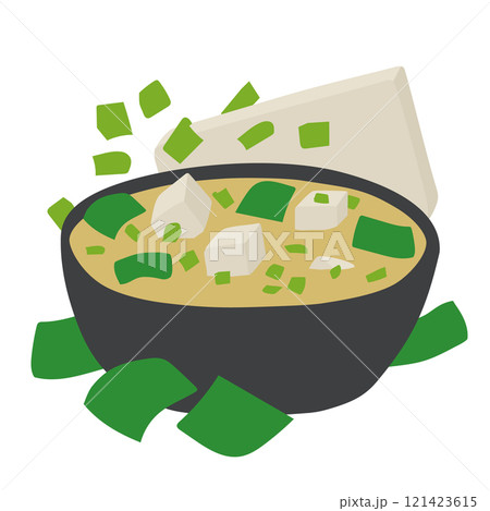 A Vector Illustration of Miso Soup in a Black Bowl with Tofu, Wakame Seaweed, and Spring Onions A Vector Illustration of Miso Soup in a Black Bowl with Tofu, Wakame Seaweed, and Spring Onions 121423615