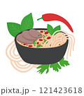 A Vector Illustration of Bun Bo Hue Soup in a Black Bowl with Noodles, Meat, Herbs, and Chili 121423618