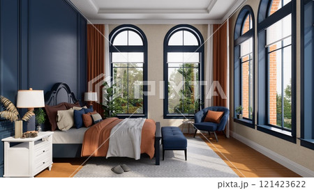 A modern bedroom with blue walls, large arched windows, stylish furniture, and a cozy atmosphere. 3D rendering 121423622