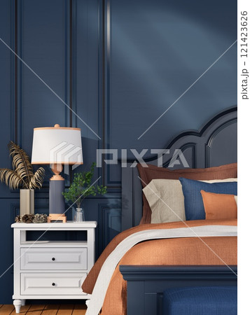 3D rendering of A stylish bedroom, navy blue wall, a cozy bed with colorful pillows, a white bedside table, and a lamp, creating a modern and inviting atmosphere. 3D rendering of A stylish bedroom, navy blue wall, a cozy bed with colorful pillows, a white bedside table, and a lamp, creating a modern and inviting atmosphere. 121423626
