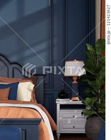 A modern bedroom blue wall, cozy bedding, a bedside lamp, and a decorative plant, creating a serene and inviting atmosphere. 3D rendering A modern bedroom blue wall, cozy bedding, a bedside lamp, and a decorative plant, creating a serene and inviting atmosphere. 3D rendering 121423627