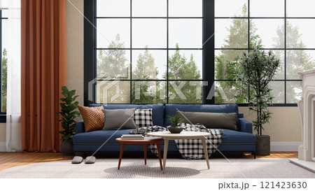 A cozy living room featuring a blue sofa, decorative pillows, a coffee table, and large windows that invite natural light and greenery indoors. 3D rendering A cozy living room featuring a blue sofa, decorative pillows, a coffee table, and large windows that invite natural light and greenery indoors. 3D rendering 121423630