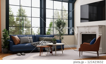 A modern living room with large windows, a comfortable blue sofa, a cozy armchair, and a stylish coffee table, surrounded by greenery. 3D rendering 121423632