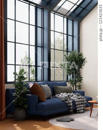 3D rendering of A cozy living room with large windows, a blue sofa adorned with pillows, a blanket, and indoor plants, creating a bright and inviting atmosphere. 121423633