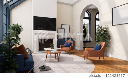 3D rendering of A modern living room with a fireplace, stylish furniture, and large windows, creating a cozy and inviting atmosphere. 121423637