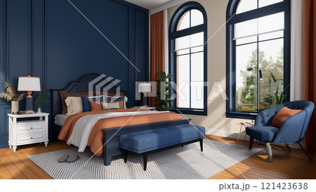 3D rendering of A modern bedroom with blue walls, a cozy bed with orange accents, stylish furniture, and large windows allowing natural light. 121423638