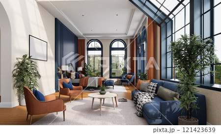 A bright, modern living room with large windows, stylish furniture, and indoor plants, creating a warm and inviting atmosphere. 3D rendering 121423639