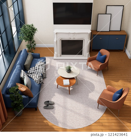 A modern living room with a cozy blue sofa, stylish chairs, a coffee table, and a decorative rug, complemented by natural light and greenery. 3D rendering 121423641