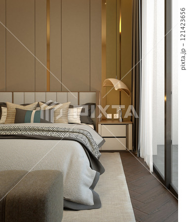 A modern, stylish bedroom featuring elegant decor, a cozy bed with decorative pillows, and ample natural light from large windows. 3d rendering. A modern, stylish bedroom featuring elegant decor, a cozy bed with decorative pillows, and ample natural light from large windows. 3d rendering. 121423656