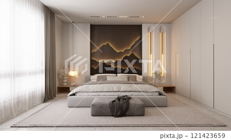 A modern bedroom featuring a neutral palette, textured wall, ambient lighting, and minimalist furniture, creating a serene and stylish atmosphere. 3d rendering 121423659