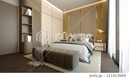 A modern bedroom featuring neutral tones, a large bed, sleek furniture, and stylish lighting, creating a serene and inviting atmosphere. 3d rendering. A modern bedroom featuring neutral tones, a large bed, sleek furniture, and stylish lighting, creating a serene and inviting atmosphere. 3d rendering. 121423669