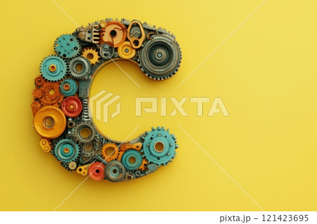 The image is a colorful and intricate design of a letter C made up of various gears 121423695