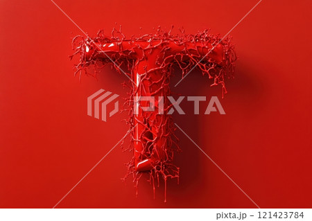 The letter T is made of red branches and is standing on a red background 121423784