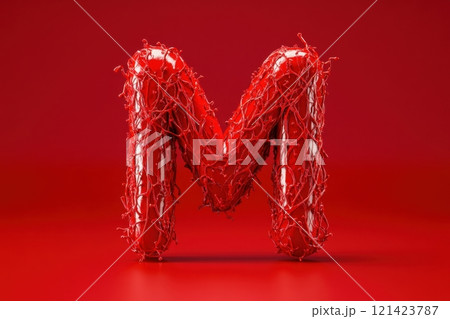 The letter M is made of red string and looks like a twisted tangled mess 121423787