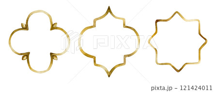 Islamic golden ornament set. Oriental decorative design elements. Arabesque, Ottoman outline label. Watercolor hand painted isolated illustration for Ramadan Kareem design, Muslim holiday, Eid Mubarak 121424011