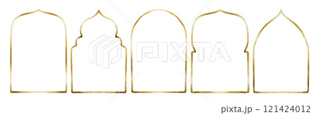 Muslim golden frames set. Islamic window or door arch, Mosque gate shape. Ramadan Kareem design elements in Arabic style. Watercolor hand drawn isolated illustration for Muslim holiday Eid Mubarak 121424012